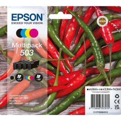 Pacote multipack Epson 503 com tinteiros para impressora sobre fundo de pimentos vermelhos e verdes