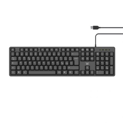 Teclado QWERTY preto com conetividade USB e tecla W destacada