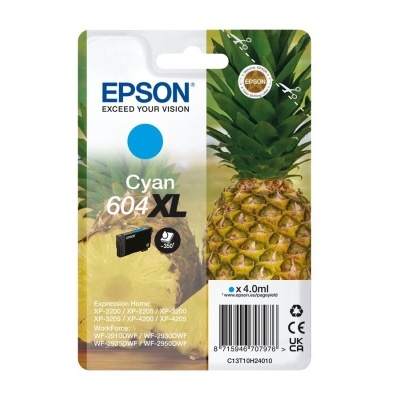 Cartucho de tinta Epson 604 XL ciano com imagem de ananás na embalagem