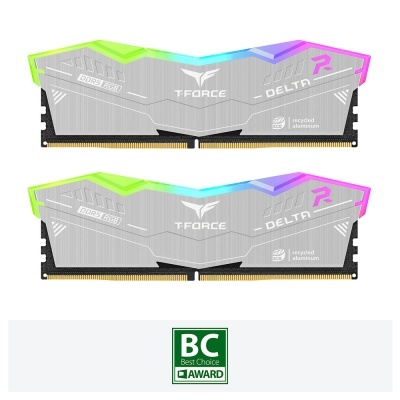 Dois módulos de memória RAM DDR5 T-FORCE DELTA em alumínio reciclado com iluminação RGB colorida