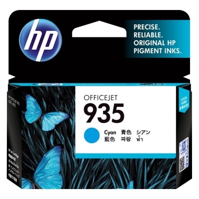 Cartucho de tinta HP OfficeJet 935 azul na embalagem preta com borboletas azuis.
