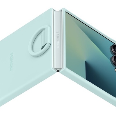 Smartphone dobrável azul claro e verde com capa protetora