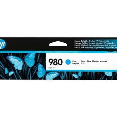 Caixa de tinta HP 980 ciano com desenho de asas de borboleta azuis