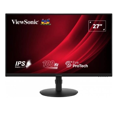 Monitor ViewSonic 27'' com ecrã IPS, 100 Hz e tecnologia Eye ProTech em suporte preto.