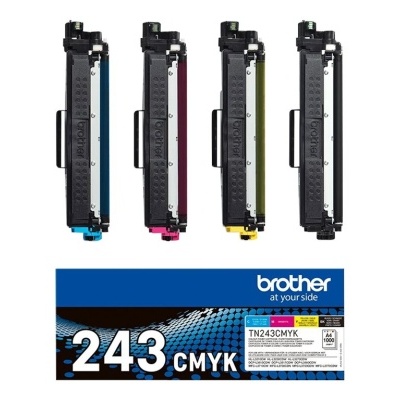 Quatro cartuchos de tinta Brother CMYK e caixa azul com texto 243 CMYK