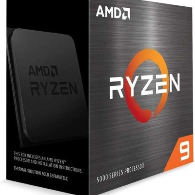 Caixa do processador AMD Ryzen 9 com fundo cinza e detalhes em laranja e branco