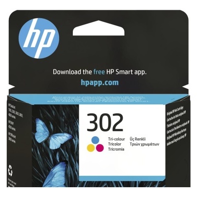 Embalagem de tinta HP 302 tri-color com design preto e borboletas azuis