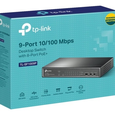 Embalagem de switch de rede tp-link 9-Port 10/100 Mbps azul e verde com dispositivo preto