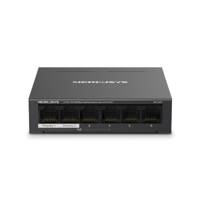 Switch de rede Ethernet preto com 6 portas RJ45 e texto MERCUSYS
