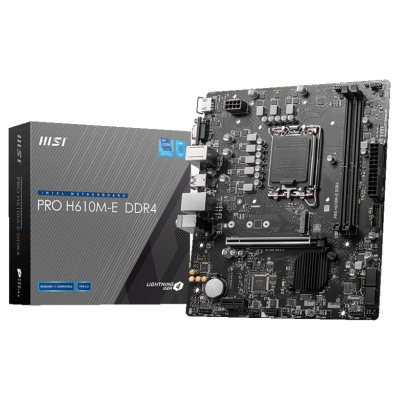 Placa-mãe MSI PRO H610M-E DDR4 com caixa preta e cinza com texto