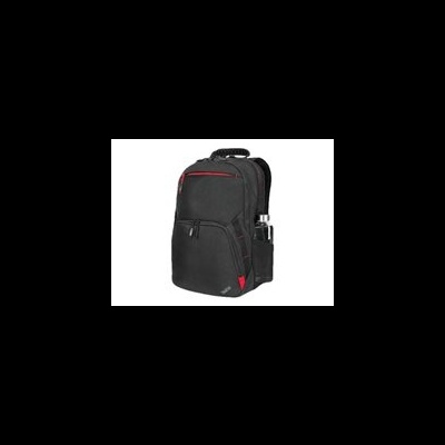 Mochila preta com detalhes vermelhos e suporte lateral para garrafa