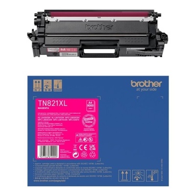 Cartucho de toner Brother TN821XL e respectiva embalagem azul