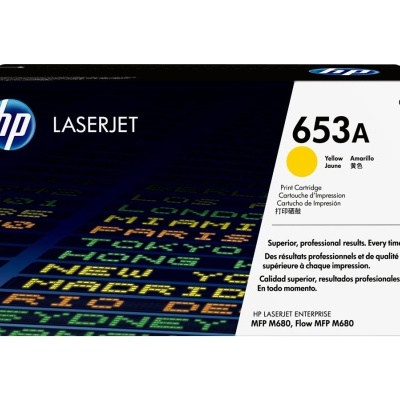 Caixa de toner HP LaserJet 653A amarelo com texto e design colorido