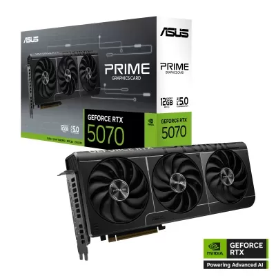 Placa gráfica ASUS PRIME GEFORCE RTX 5070 com três ventoinhas e embalagem original