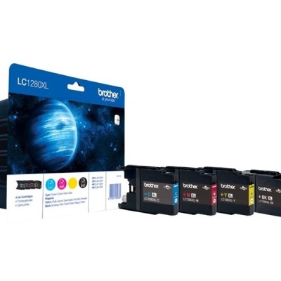 Conjunto de tinteiros Brother LC1280XL preto, ciano, magenta, amarelo com embalagem azul e preta