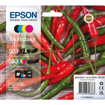 Embalagem de multipack de tinteiros Epson 503 XL e 503 com fundo de pimentas vermelhas e verdes