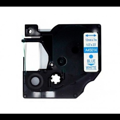 Cassete preta para rotuladora com etiqueta azul e branca e texto de dimensões e cores