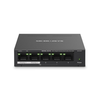 Switch de rede preto Mercusys com 5 portas Ethernet e LEDs verdes