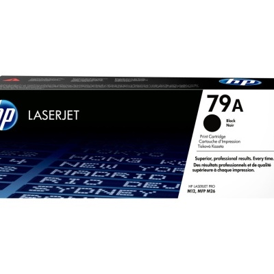 Cartucho HP LaserJet 79A preto na embalagem com design preto, branco e azul