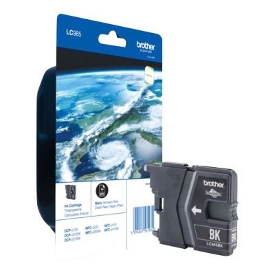 Cartucho de tinta Brother preto BK LC985BK com embalagem azul e imagem da Terra