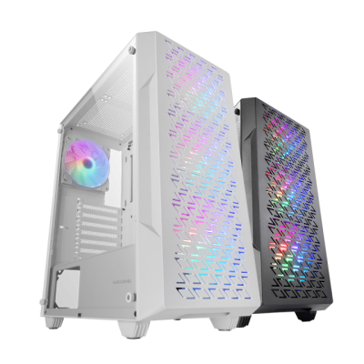 Gabinetes de computador gaming branco e preto com ventoinhas RGB e padrão triangular perfurado