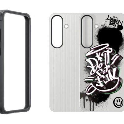 Capa telemóvel branca com grafitti colorido e estrutura cinza protetora