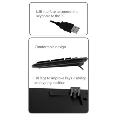 Ligação USB e parte traseira de teclado com perna inclinável e texto explicativo
