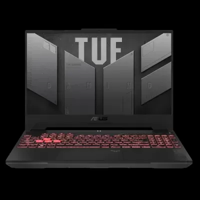 Computador portátil ASUS TUF com teclado retroiluminado a vermelho e ecrã preto com logotipo TUF