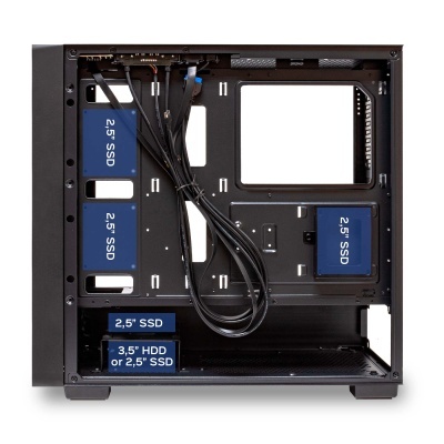 Interior de gabinete de computador preto com suportes para SSD e HDD com etiquetas azuis