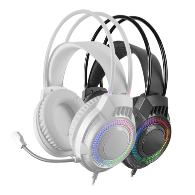 Auscutadores gaming branco e preto com iluminação LED colorida