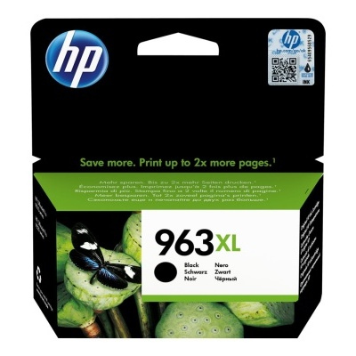 Cartucho de tinta HP 963XL preto em embalagem preta e verde com texto e imagem de flores verdes com borboleta preta
