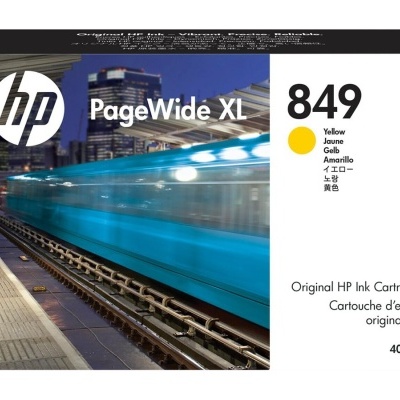 Cartucho de tinta HP PageWide XL 849 amarelo 400 ml com imagem de comboio numa estação
