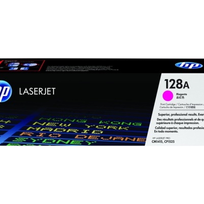 Embalagem preta de toner HP LaserJet 128A Magenta com texto a cores