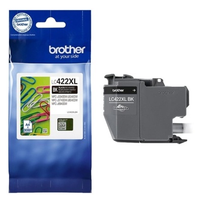 Tinteiro Brother LC422XL BK e embalagem azul com texto Brother