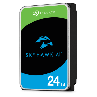 Disco rígido Seagate SkyHawk AI 24TB em embalagem preta, verde e azul