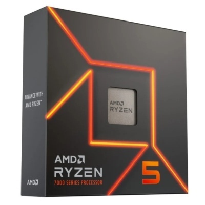 Embalagem do processador AMD Ryzen 5 série 7000 preta com detalhes laranja.