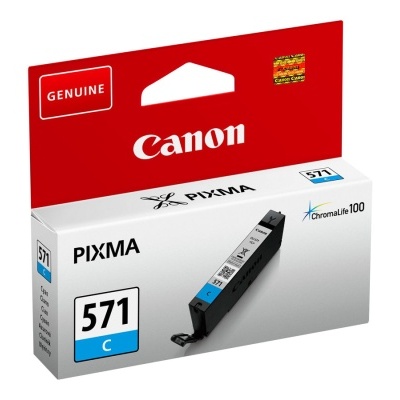 Cartucho de tinta Canon PIXMA 571 C com embalagem branca e vermelha