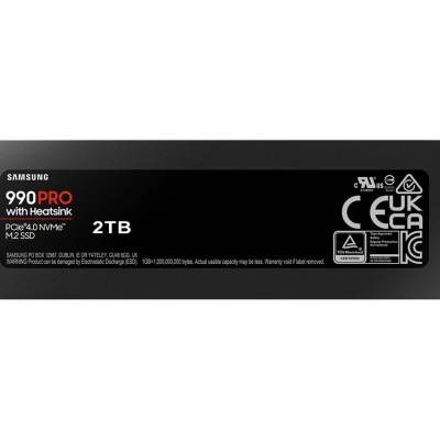 SSD Samsung 990 PRO 2TB preto com dissipador de calor e texto branco e vermelho