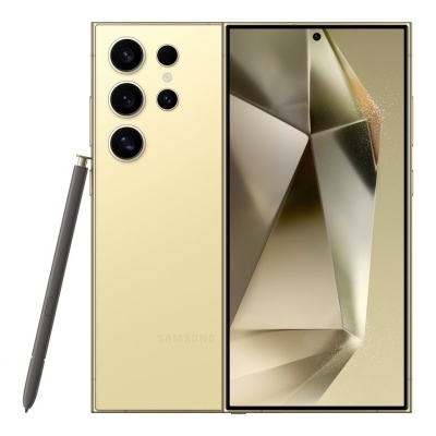 Smartphone dourado com caneta digital preta sobre fundo branco