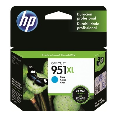 Embalagem de tinta HP OfficeJet 951XL ciano com texto e imagem de sapo e borboletas