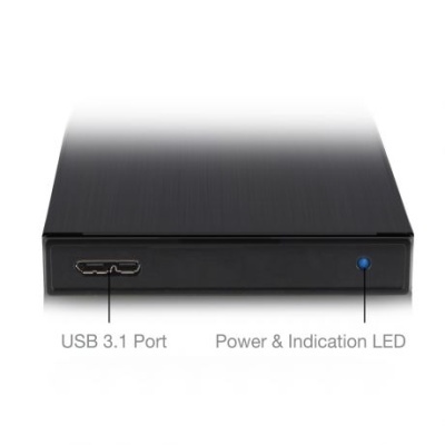 Disco externo preto com USB 3.1 e LED azul