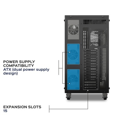 Traseira da caixa de computador preta com ventoinhas e indicação de compatibilidade ATX e 15 slots de expansão