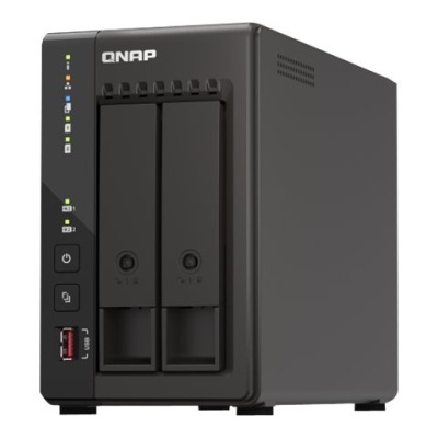 Dispositivo de armazenamento QNAP preto com duas baias e luzes LED na frente