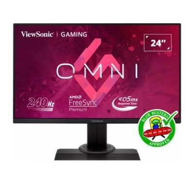 Monitor gaming ViewSonic OMNI 24 polegadas com fundo rosa e roxo e suporte preto