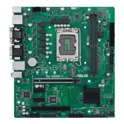 Placa mãe ASUS Pro H610M-C verde com componentes e conectores