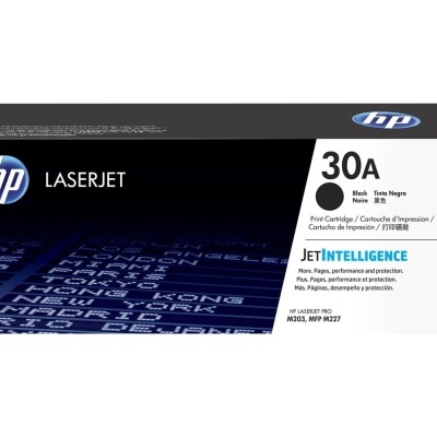 Caixa de toner HP LaserJet 30A para impressora com embalagem preta e azul
