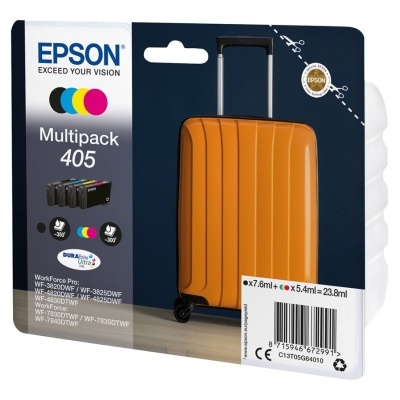 Embalagem de tinta Epson Multipack 405 com imagem de mala de viagem laranja.