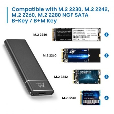 Adaptador preto para SSD M.2 com texto de compatibilidade e quatro SSDs M.2 diferentes