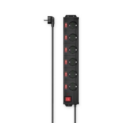 Regua de energia preta com seis tomadas e interruptores vermelhos.