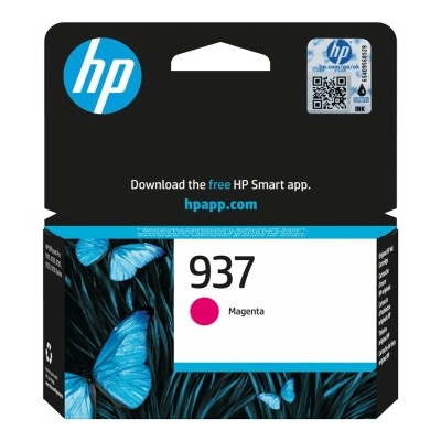 Cartucho tinta HP 937 Magenta, embalagem preta com azul e branco, com texto promocional da app HP Smart.